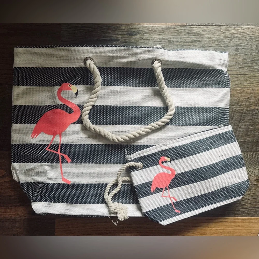Flamingo 🦩 Large Beach Tote Bag Nautical Rope Handles Zippered Accessory Bag - Picture 8 of 8